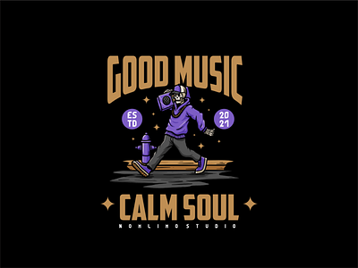 Skull Enjoy The Music alone badge bring cartoon chill distressed enjoy listen logo music old radio rapper relax retro skeleton tshirt design typography vintage