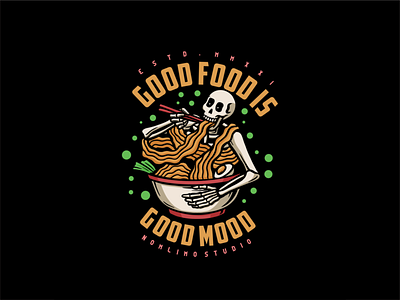 Skull Eat Great Noodles badge big cartoon chill delicious distressed eater enjoy food great illustration logo old relaxing retro show skull tshirt design typography vintage