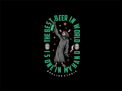 Reaper Feel Dizzy In Drunk alone badge beer bottle bring cartoon cheers distressed drunk illustration logo old pride reaper retro skeleton tshirt design typography vintage