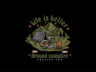 Skull Playing Guitar In Camping alone badge camp cartoon chill distressed enjoy fire illustration logo mountain nature old relax retro tent tshirt design typography vintage