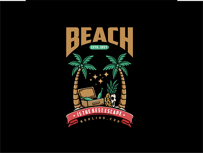 Beach On Vibes badge beach beer bottle cartoon chill distressed drink enjoy escape happy illustration logo old relax retro tshirt design typography waves
