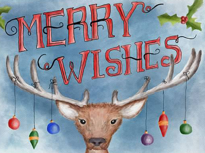 Merry Wishes 2015 card christmas digital holiday lettering reindeer watercolor