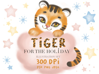 Tiger for the Holiday advert branding characterdesign cute art design graphic design holiday illustration mock up new year procreate set tiger
