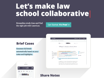 LearnLeo big text education home page landing page law school startup
