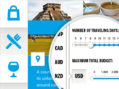 Travel planner app app icons ipad selectors sliders travel ui ux