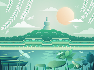 Beihai Park in Beijing beijing boat cloud dragonfly glass green illustration lake lotus summer sun tower willow