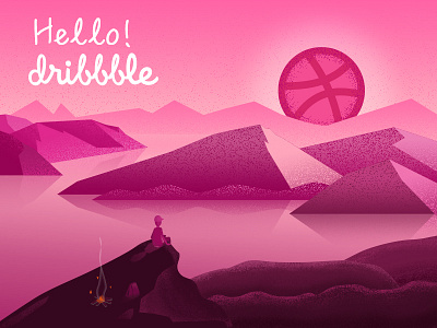 Hello Dribbble dribbble first shot hello illustration invite pink sunrise