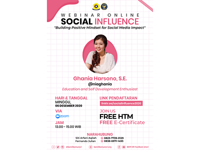 Pamflet Webinar Online Social Influence BEM KM Fasilkom Unsri design flat illustration typography vector