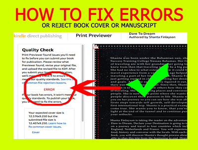 HOW TO FIX ERRORS OR REJECT BOOK COVER OR MANUSCRIPT amazon book cover childrens book coloring book design ebook design fix error cover illustration kindle publisher logo