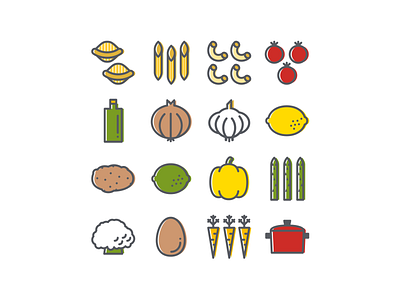 Home Cooking icon set asparagus carrot cauliflower cherry tomatoes conchiglie cooking dutch oven egg garlic icon set lemon lime macaroni olive oil onion pasta penne potato vegetables yellow pepper