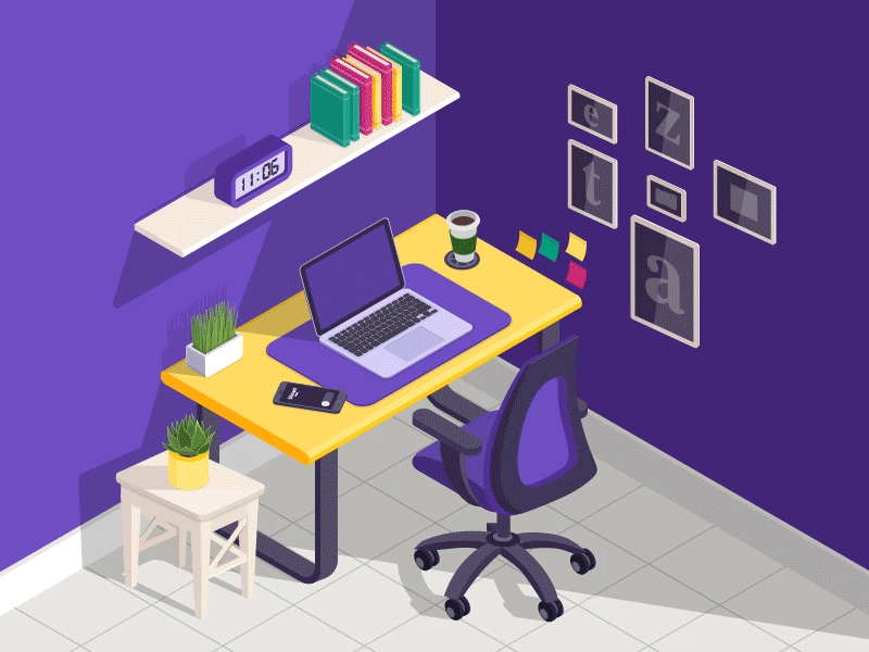 The Zeta Desk 3d book chair clock desk illustration isometric laptop macbook phone room table