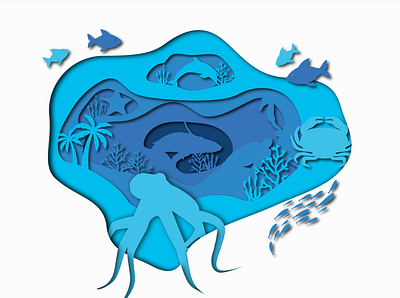Ocean Illustration Papercut Effect adobeillustrator blue illustration illustration ocean illustration papercut sea animals
