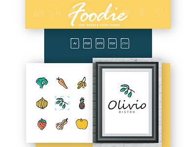 Foodie - 220 Doodle Food Icons bakery desert drinks food fruits hand drawn kitchen logo mark meat tools vegetables