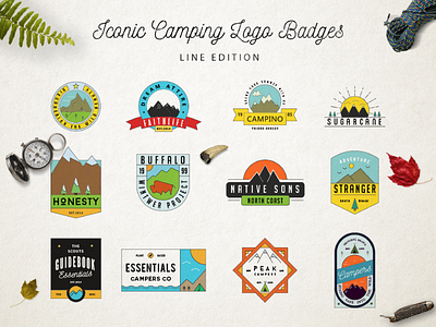 Iconic Camping Logo Badges 2 cabin camp camping line icons map mountain outdoor poster stamp t shirt design tent trees