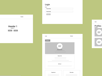 Low fidelity wireframe of a DevConnector web app design