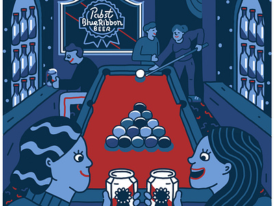 Ode to a Dive Bar beer label branding design drinking illustration minimal palette night on the town night scene package design packaging pool table procreate