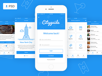 Cityguide Mobile App Free PSD app city download free freebies guide places psd travel ui ux