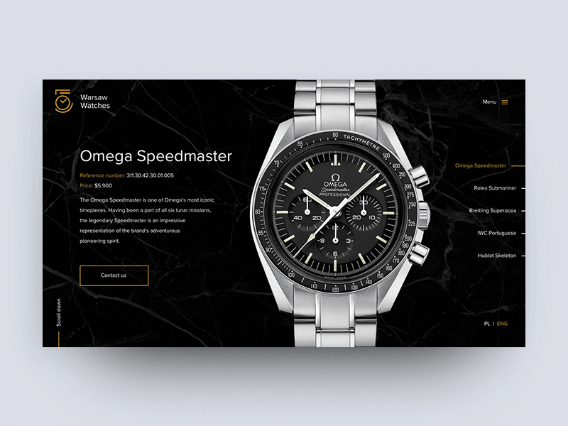 Warsaw Watches Website Concept dark ecommerce elegant gif omega principle ui ux watch website