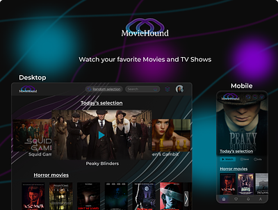 Movie hound, Movie streaming app design app branding design graphic design typography ui ux