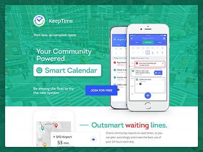 KeepTime landing page app clean green landing mobile page web