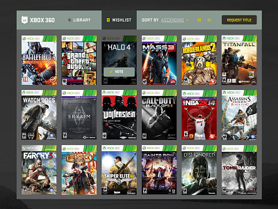 Nerdery Xbox 360 Library catalog games icons library listing ui ux xbox