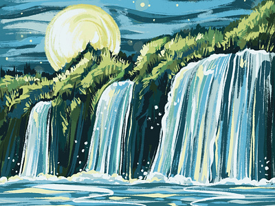 Moonly waterfall landscape 2D 2d art 2d illustration art background art bitmapgraphic branding design digitalart digitalillustration illustration landscape