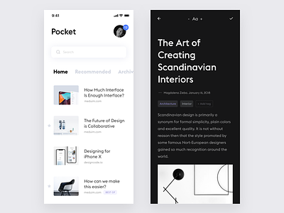 Pocket App Redesign #2 app ios iphone articles black design ui ux minimal clean flat news reader product design white