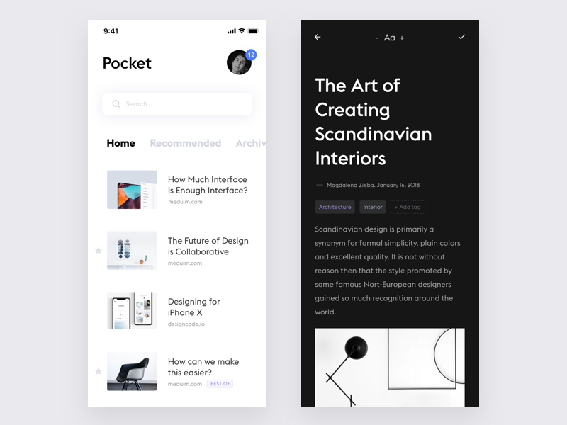 Pocket App Redesign #2 minimal clean flat product design design ui ux news reader app ios iphone white black articles