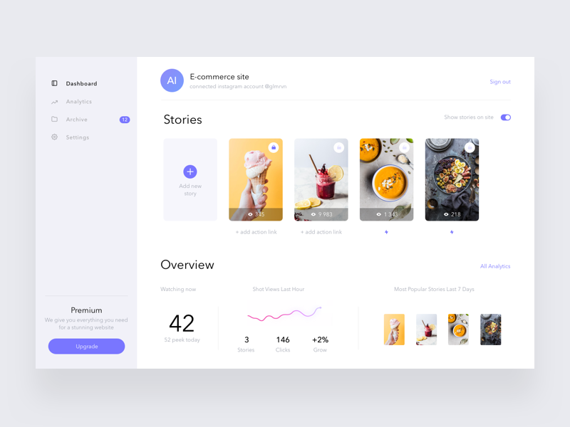 Stories widget dashboard analytics desktop app ui stories web dashboard white clean