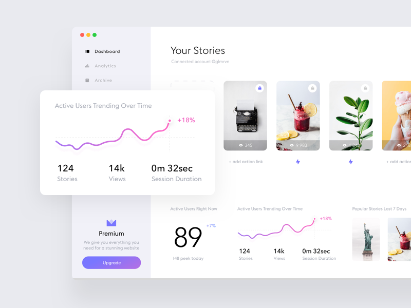 Stories widget dashboard #2 account stats statistic white web ui stories desktop dashboard clean app analytics