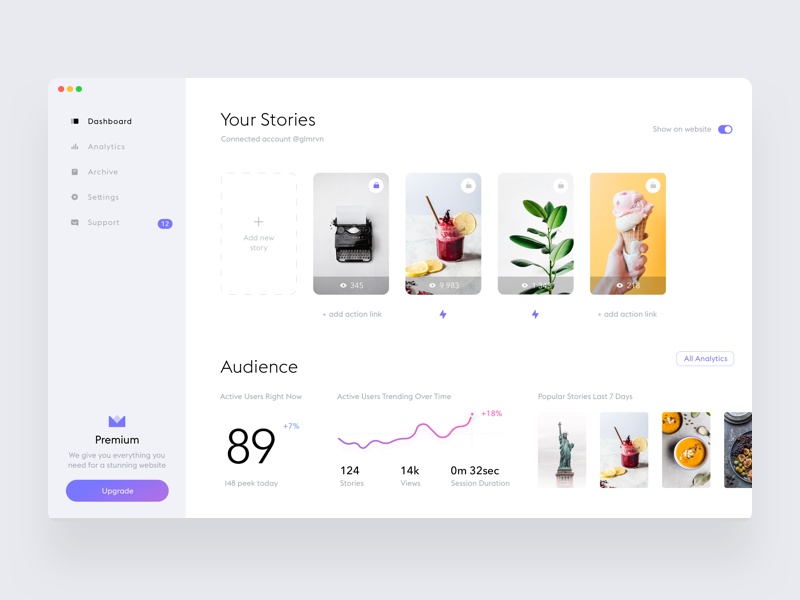 Stories widget dashboard #3 account stats statistic white web ui stories desktop dashboard clean app analytics