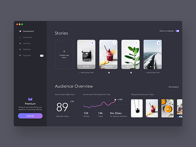 Stories widget dashboard. Dark theme. app clean dark dashboard design ui ux interface minimal minimalistic product design ui web