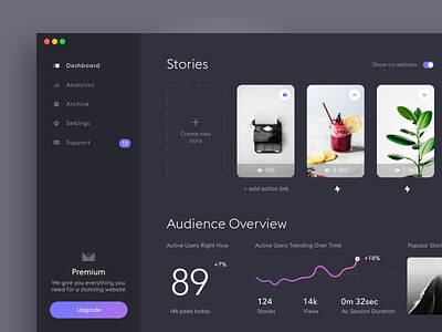 Stories Dashboard. Dark theme. analytic app clean dashboard design ui ux flat interface minimal minimalistic simple ui web