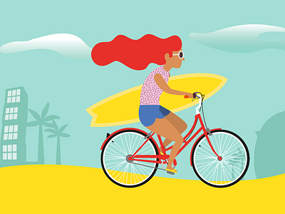 Surf bike girl beach bike illustration pink red sunglasses surf surf girl vector vector art yellow