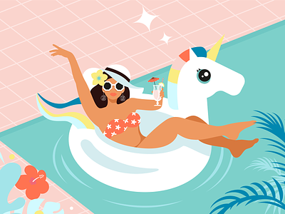 Summer Unicorn editorial illustration girl illustration summer sunglasses swimming pool tropical tropical leaves unicorn vector vector art vector illustration