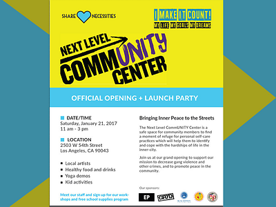 Share Necessities Center Opening charity flyer
