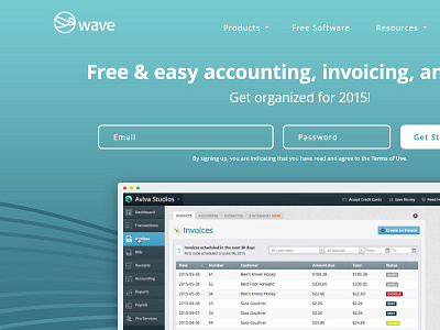 Wave Homepage Experiment accounting finance gradient home home page landing page software wave web design