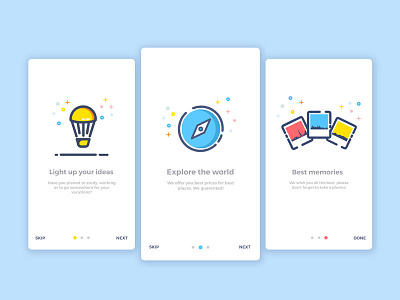 Onboarding Screens app blue clean creative design icons illustration invite ios mobile mobile ui onboarding photo red screens ui ux vacation vector yellow