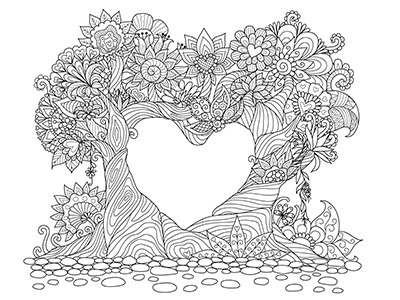 Trees make the world go round adult coloring book page black and white detailed flowers lines nature tree valentines vector wedding whimsical