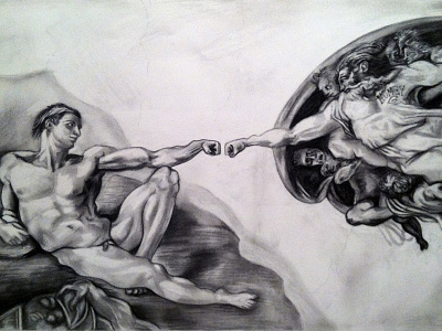 The Creation of the Fist Bump charcoal creation drawing fist bump