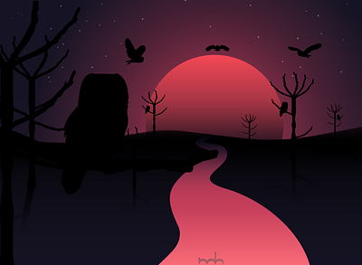 owl landscape sunset adobe art design flat illustration illustrator minimal vector