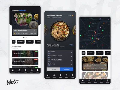 Norwegian Wolt Food Ordering Mobile Application application blue dark food map mobile ordering smartphone track wolt