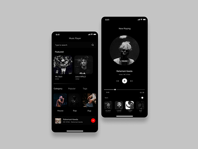 Dark mode Music App design UI/UX app design figma minimal musicapp typography ui ux vector webdesign website