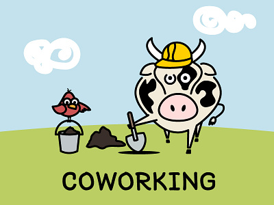 Cow Working bird bucket clouds co working cow coworking helmet shovel working