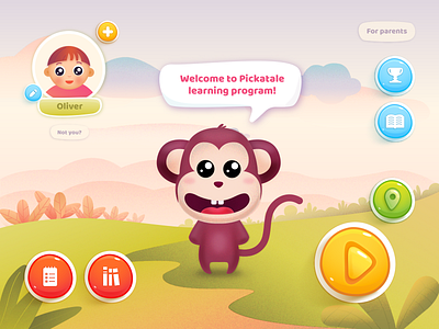 Kids app concept animal app bulgakova buttons design flat game game app icon illustration kids kids app learning learning app monkey ui ui deisgn ux vector web