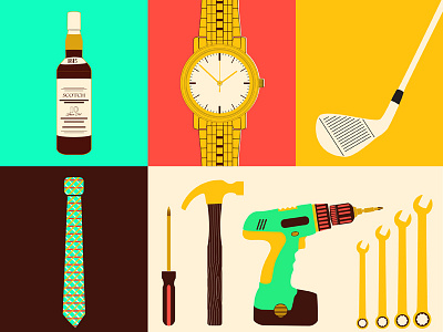 Father's Day gold golf illustration scotch spots tie tools watch whiskey