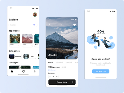 Travel App (404 page) 404 appdesign dailyui errorpage figma homepage iosapp iosappdesign placepage prototyping travelapp ui uiux ux wireframing xd