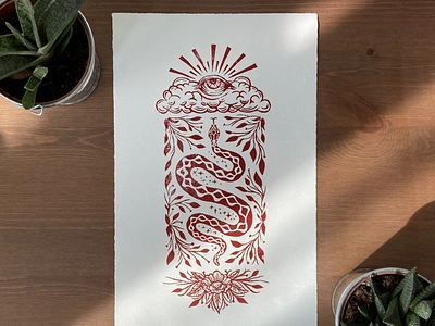 Original linocut print: All seeing sky all seeing eye art block print block printing botanical clouds illustration linocut linocut style linoprint print print design printmaking relief print serpent snake