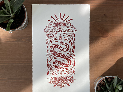 Original linocut print: All seeing sky all seeing eye art block print block printing botanical clouds illustration linocut linocut style linoprint print print design printmaking relief print serpent snake