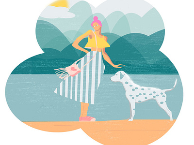 A girl with a dalmatian dog at the beach vector illustration beach character design dalmatian design dog flat character flat girl girl graphic design green icon illustration landscape pink hair red head skirt stripes vector windy weather yellow tank